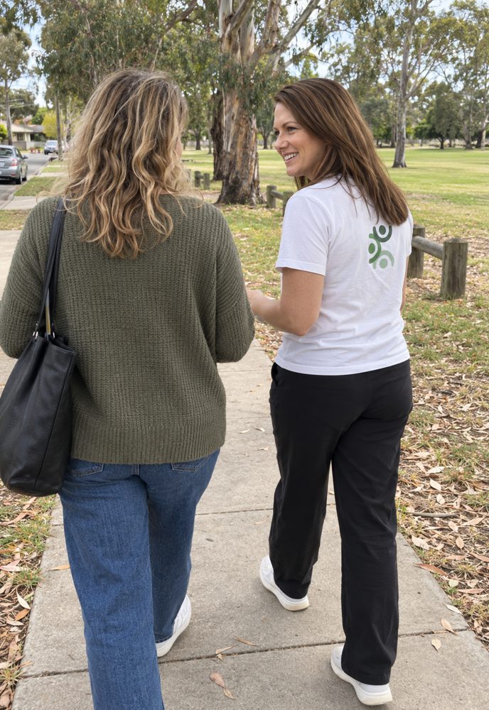 A Mana practitioner walking and talking with a parent